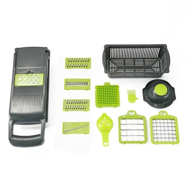 Fatiador manual de legumes 16 em 1 em aço inox com recipiente coletor