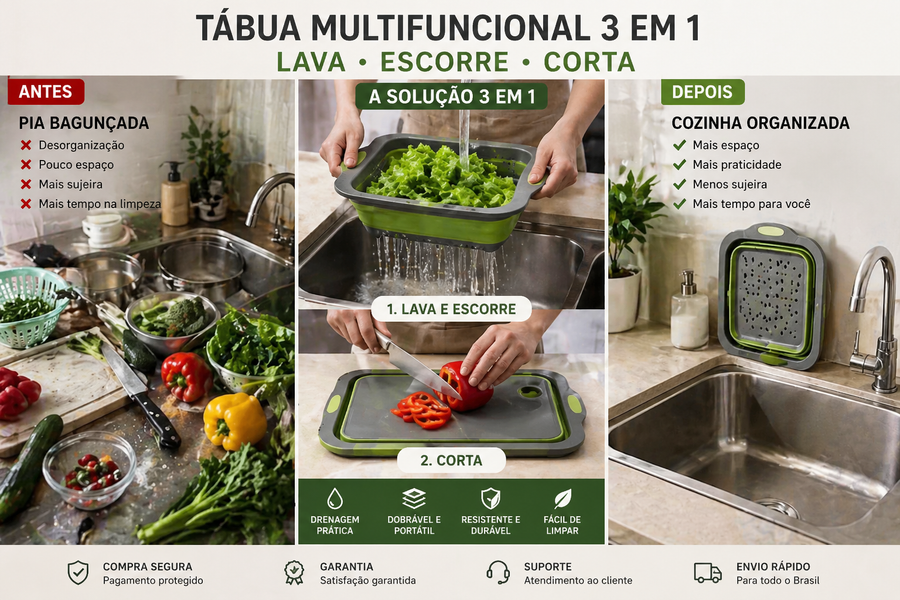 Escorredor Dobrável de Silicone 3 em 1 com Tábua de Corte