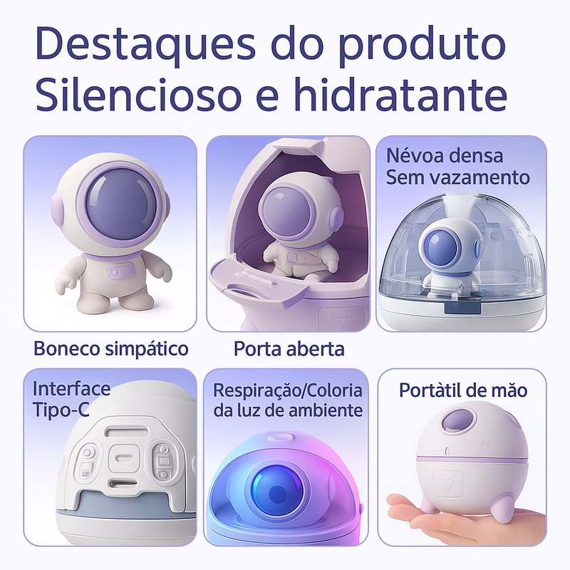 Umidificador de Ar Astronauta 220ml Luz LED Colorida Frete Grátis
