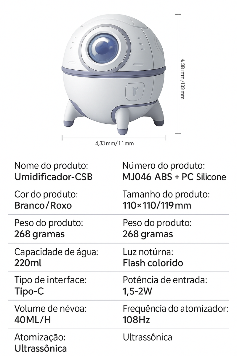 Umidificador de Ar Astronauta 220ml Luz LED Colorida Frete Grátis