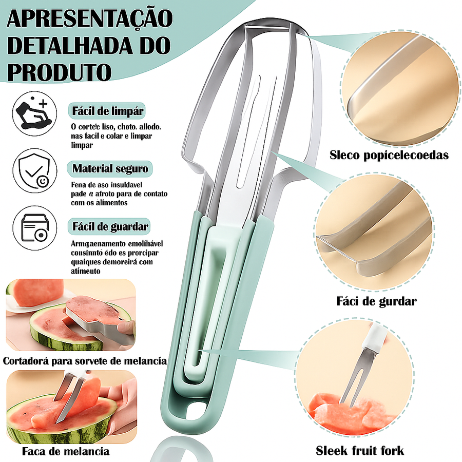 Kit 3 em 1 para corte de melancia e melão em aço inox