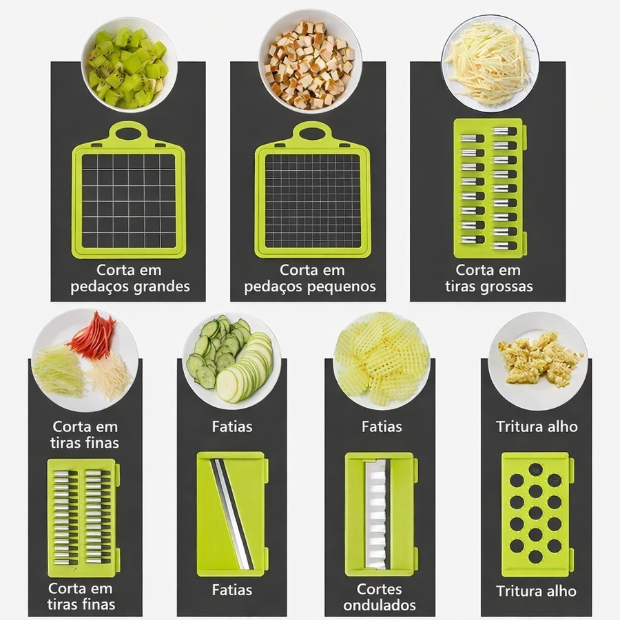 Fatiador manual de legumes 16 em 1 em aço inox com recipiente coletor