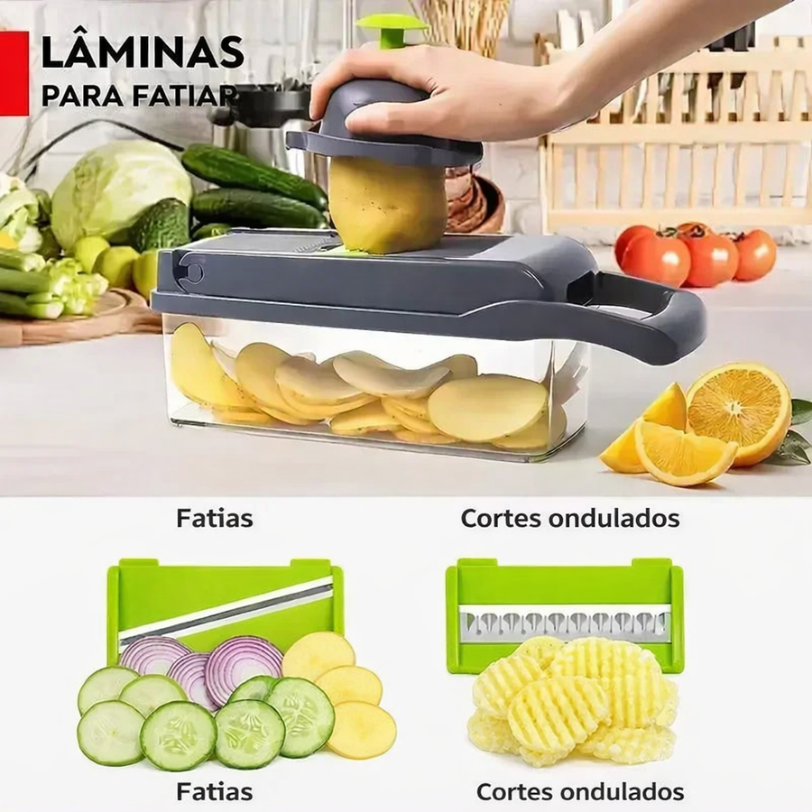 Fatiador manual de legumes 16 em 1 em aço inox com recipiente coletor