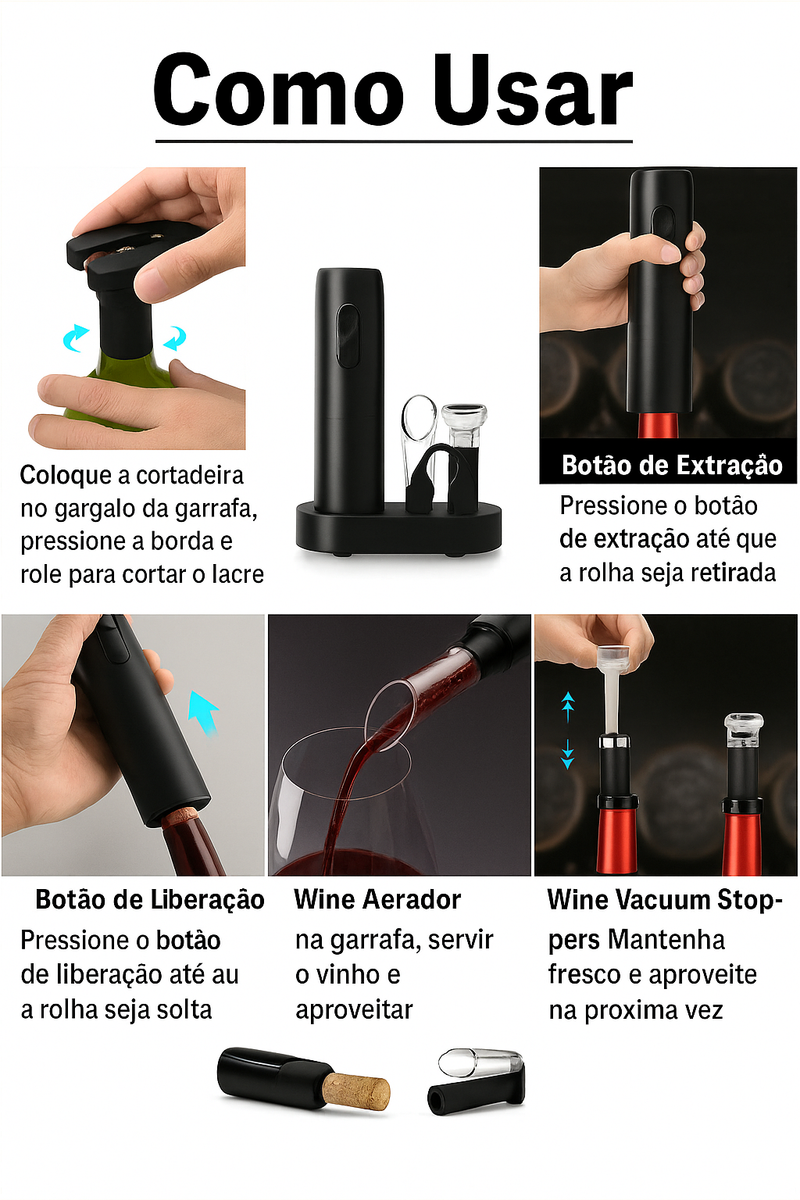 Abridor de Vinho Elétrico Recarregável USB + FRETE GRÁTIS
