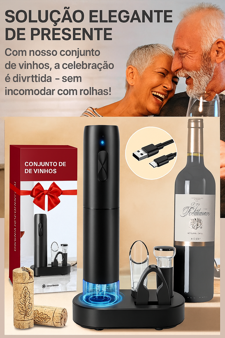 Abridor de Vinho Elétrico Recarregável USB