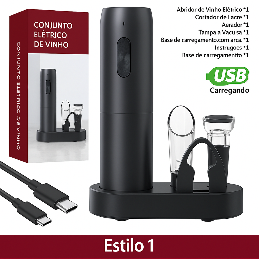 Abridor de Vinho Elétrico Recarregável USB