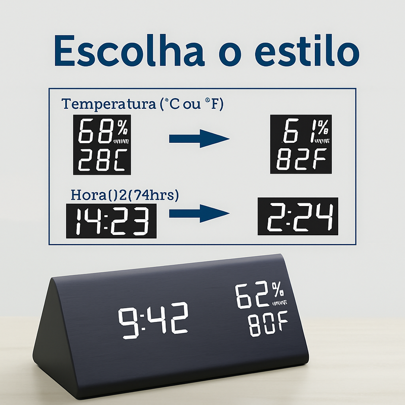 Despertador Digital de Madeira com LED e 3 Alarmes