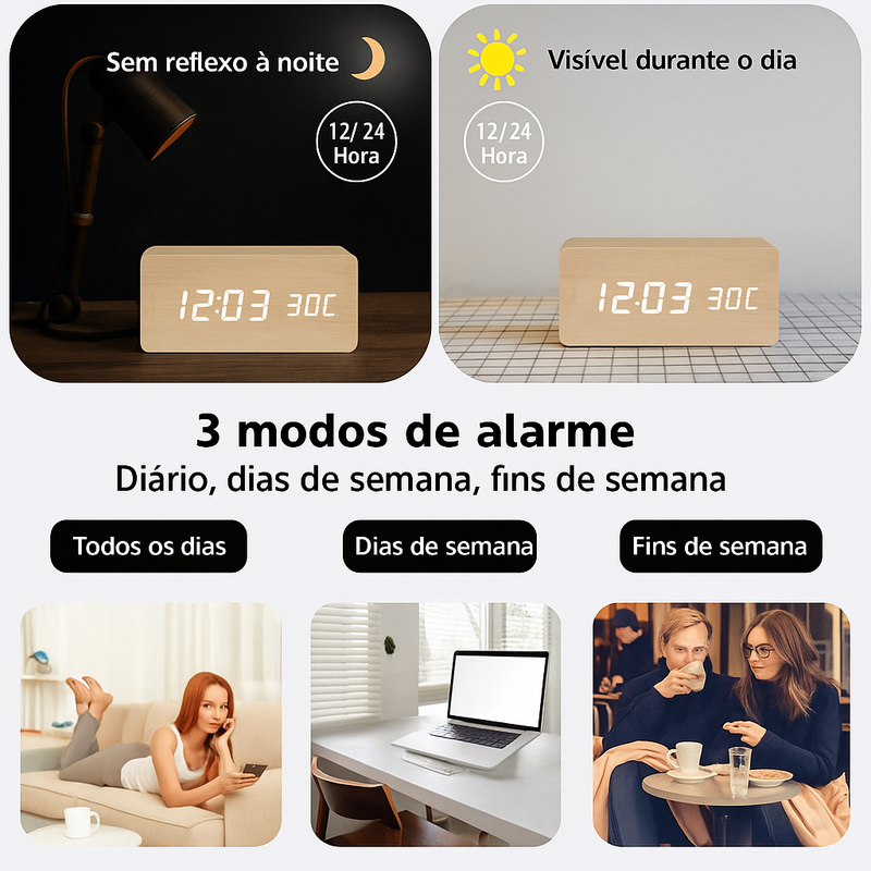 Despertador Digital de Madeira com LED e 3 Alarmes