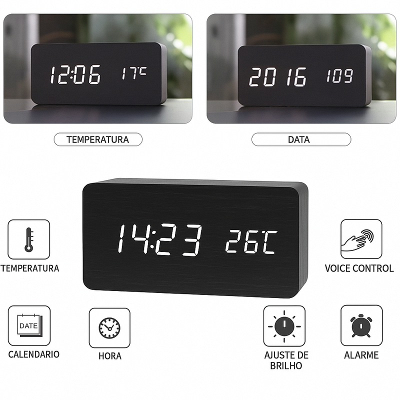 Despertador Digital de Madeira com LED e 3 Alarmes
