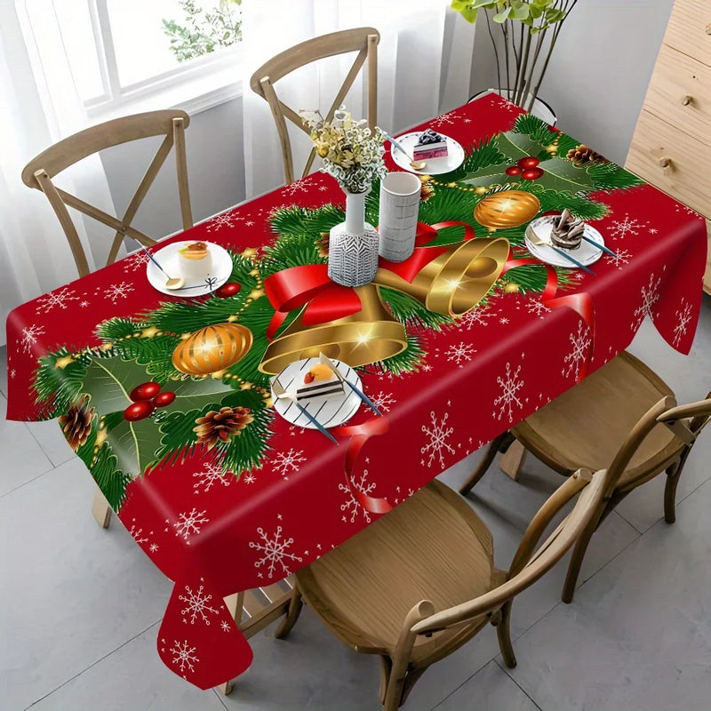 Christmas Festive Bells and Holly Rectangle Tablecloth Holiday Party Decor Waterproof Tablecloth for Table Christmas Decorations