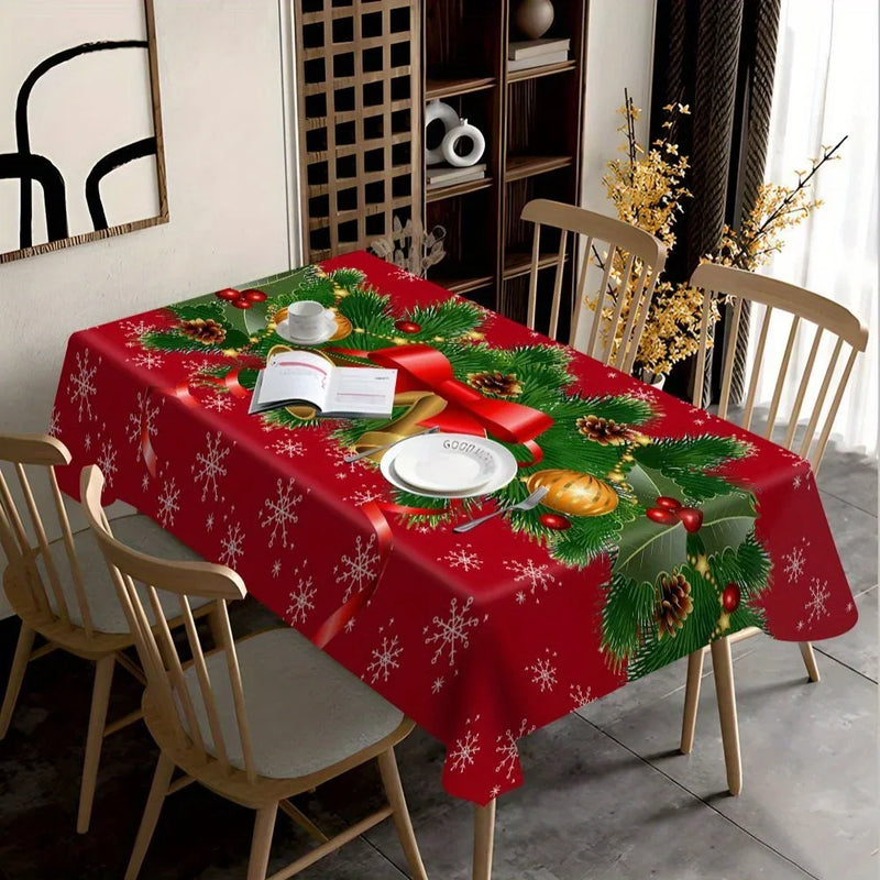 Christmas Festive Bells and Holly Rectangle Tablecloth Holiday Party Decor Waterproof Tablecloth for Table Christmas Decorations