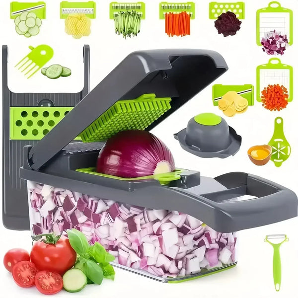 Fatiador manual de legumes 16 em 1 em aço inox com recipiente coletor