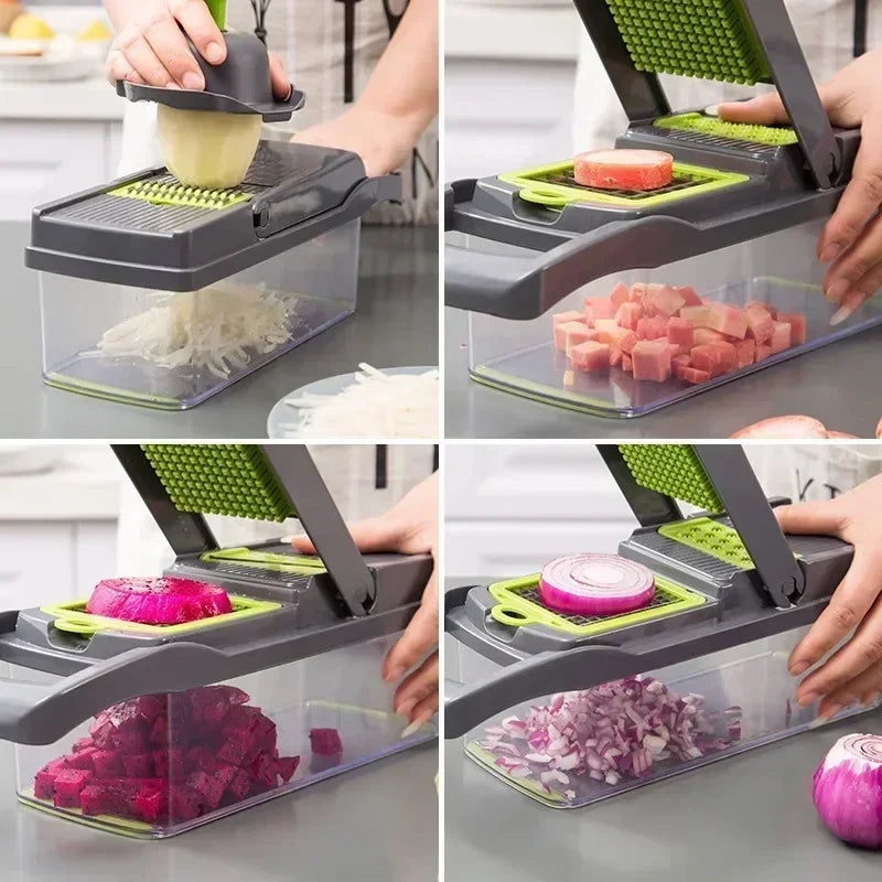 Fatiador manual de legumes 16 em 1 em aço inox com recipiente coletor