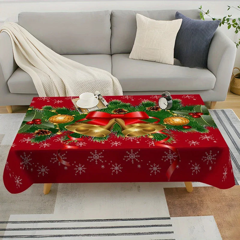 Christmas Festive Bells and Holly Rectangle Tablecloth Holiday Party Decor Waterproof Tablecloth for Table Christmas Decorations