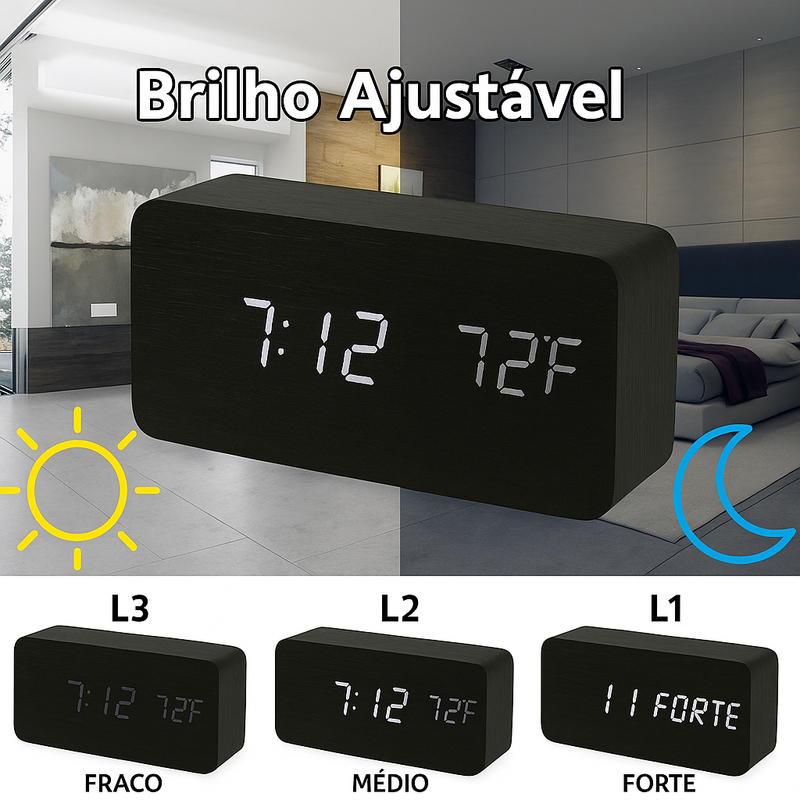 Despertador Digital de Madeira com LED e 3 Alarmes