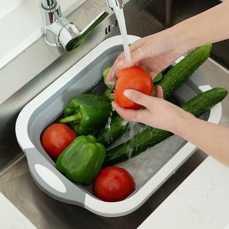 Escorredor E Tabua Cesta De Alimentos Dobrável Retrátil Silicone 3 Em 1 Multifuncional Cozinha