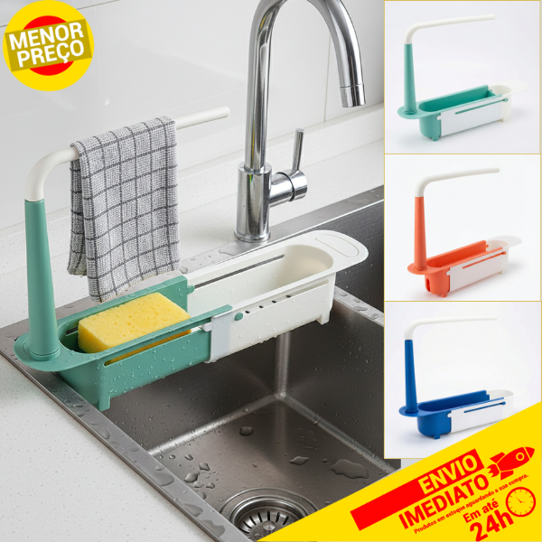 Organizador de Pia Retrátil Porta Esponja com Suporte para Pano Cozinha Organizada