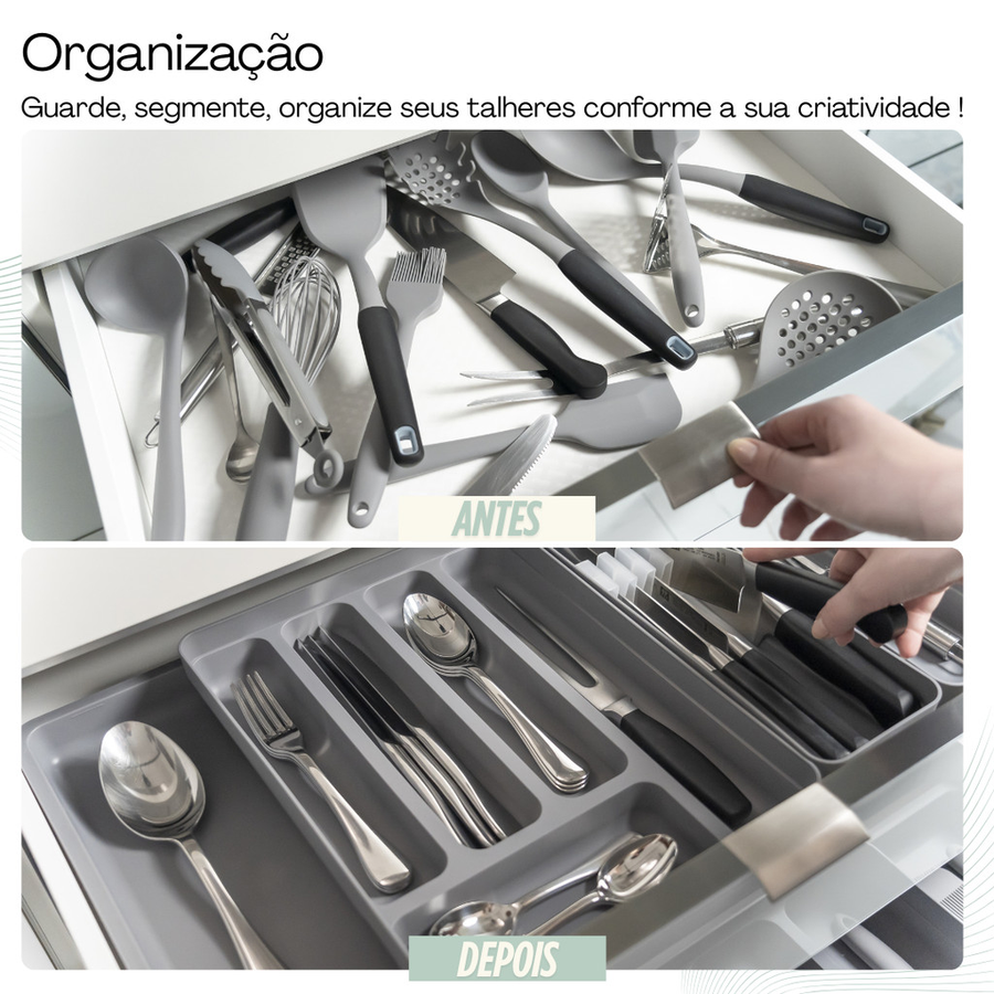 Organizador de Gaveta com Extensor Porta Talheres Separador de Talher Gaveteiro Cozinha Ou Logic 36cm x 28cm