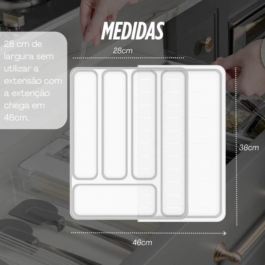 Organizador de Gaveta com Extensor Porta Talheres Separador de Talher Gaveteiro Cozinha Ou Logic 36cm x 28cm