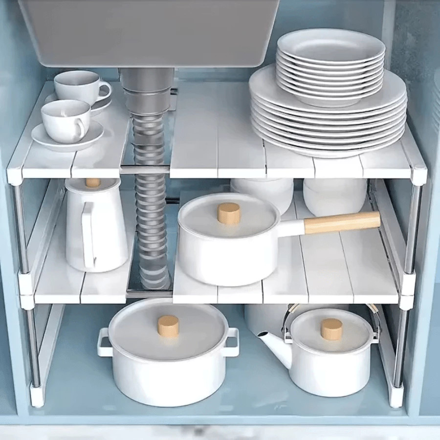 Aço inoxidável e plástico em camadas sob a pia rack de armazenamento - organizador de armário de cozinha retrátil